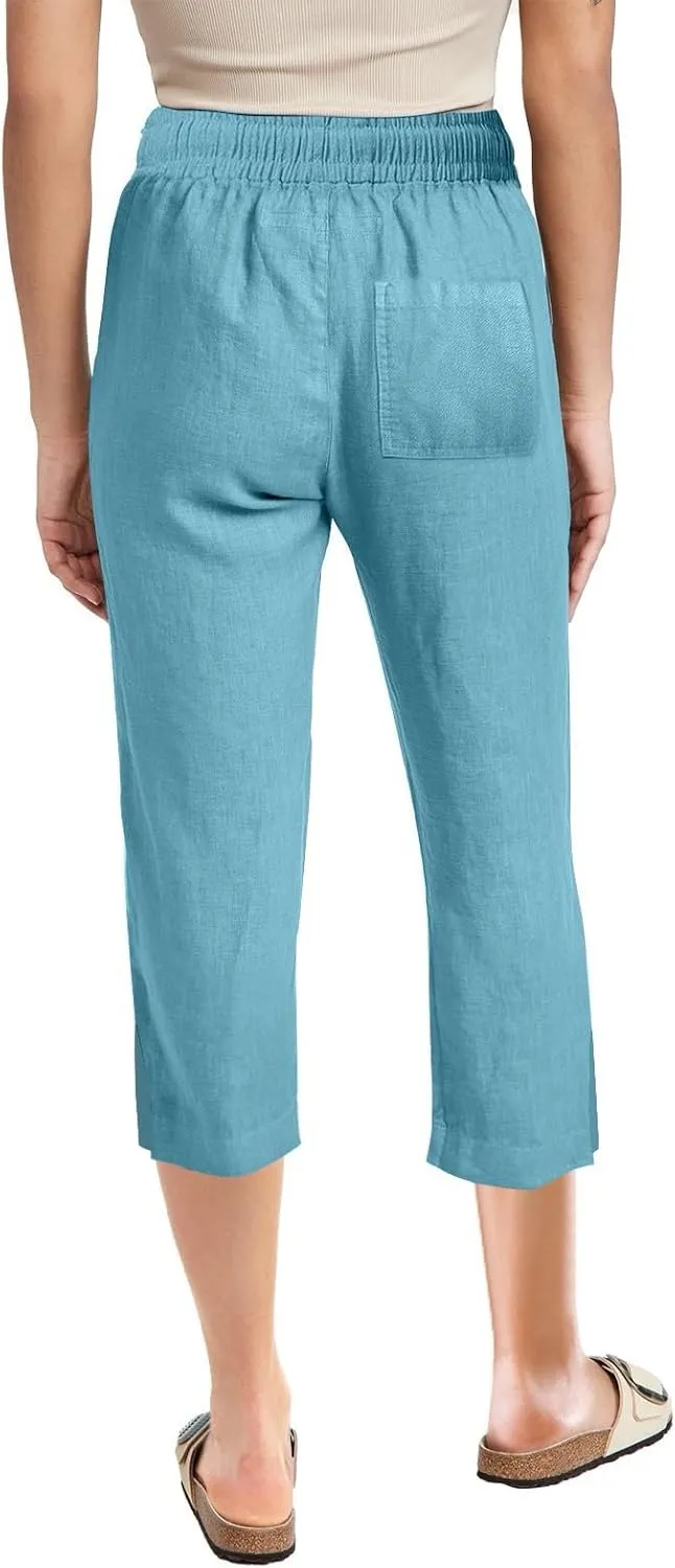 Women's Bottoms Solid Color Cotton Linen Elastic Seven Pants Beach Casual Pants Linen Summer Drawstring Waist Wide Leg