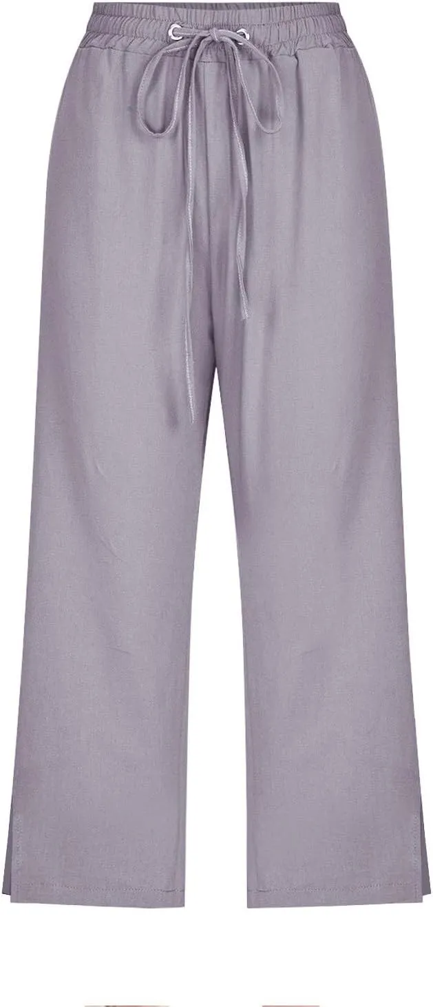 Women's Bottoms Solid Color Cotton Linen Elastic Seven Pants Beach Casual Pants Linen Summer Drawstring Waist Wide Leg
