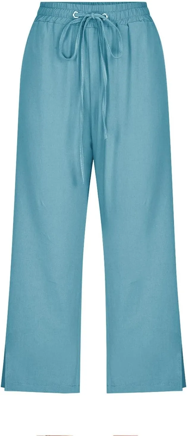 Women's Bottoms Solid Color Cotton Linen Elastic Seven Pants Beach Casual Pants Linen Summer Drawstring Waist Wide Leg