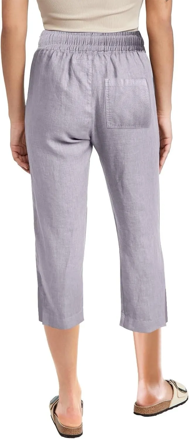 Women's Bottoms Solid Color Cotton Linen Elastic Seven Pants Beach Casual Pants Linen Summer Drawstring Waist Wide Leg