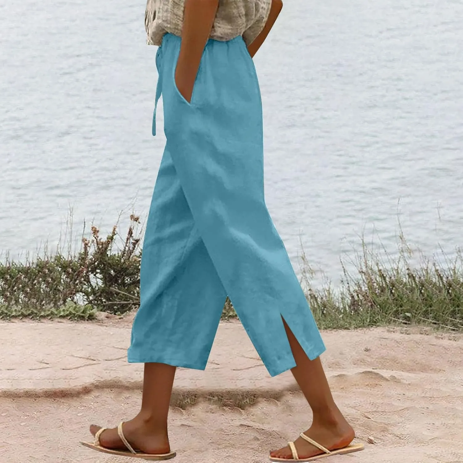 Women's Bottoms Solid Color Cotton Linen Elastic Seven Pants Beach Casual Pants Linen Summer Drawstring Waist Wide Leg