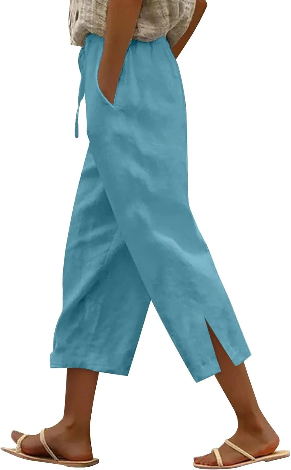 Women's Bottoms Solid Color Cotton Linen Elastic Seven Pants Beach Casual Pants Linen Summer Drawstring Waist Wide Leg