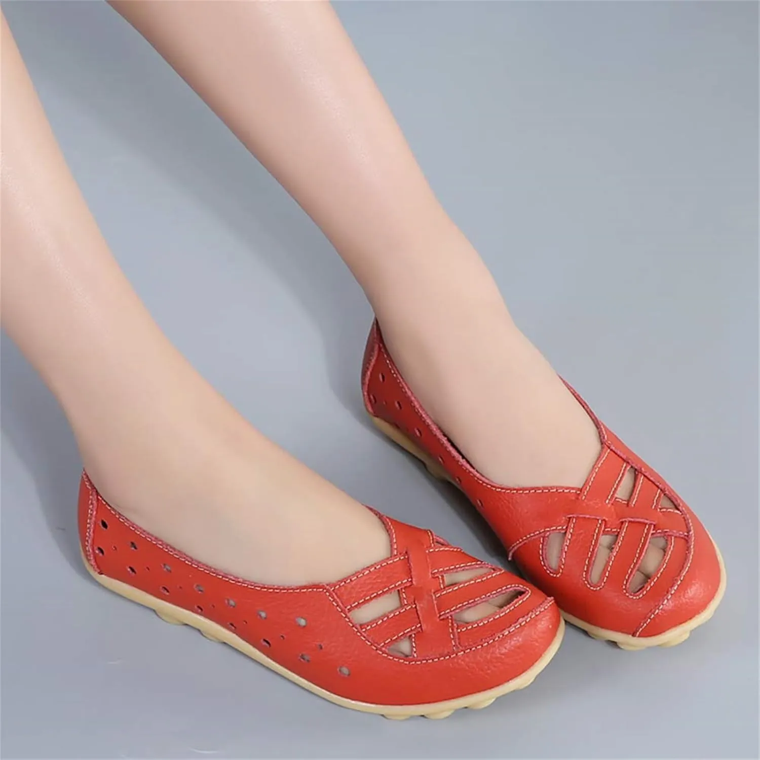 Womens Cowhide Leather Slip On Moccasins Shoes Flat Slipper Comfortable Leather Loafers Breathable Lightweight Round Toe Nurse Loafer Driving Walking Flat Work Shoes