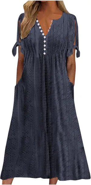 Womens Eyelet Dresses Summer Trendy Casual Beach Vacation Boho Dress Short Sleeve V Neck Flowy Midi Dress with Pocket