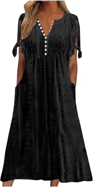 Womens Eyelet Dresses Summer Trendy Casual Beach Vacation Boho Dress Short Sleeve V Neck Flowy Midi Dress with Pocket