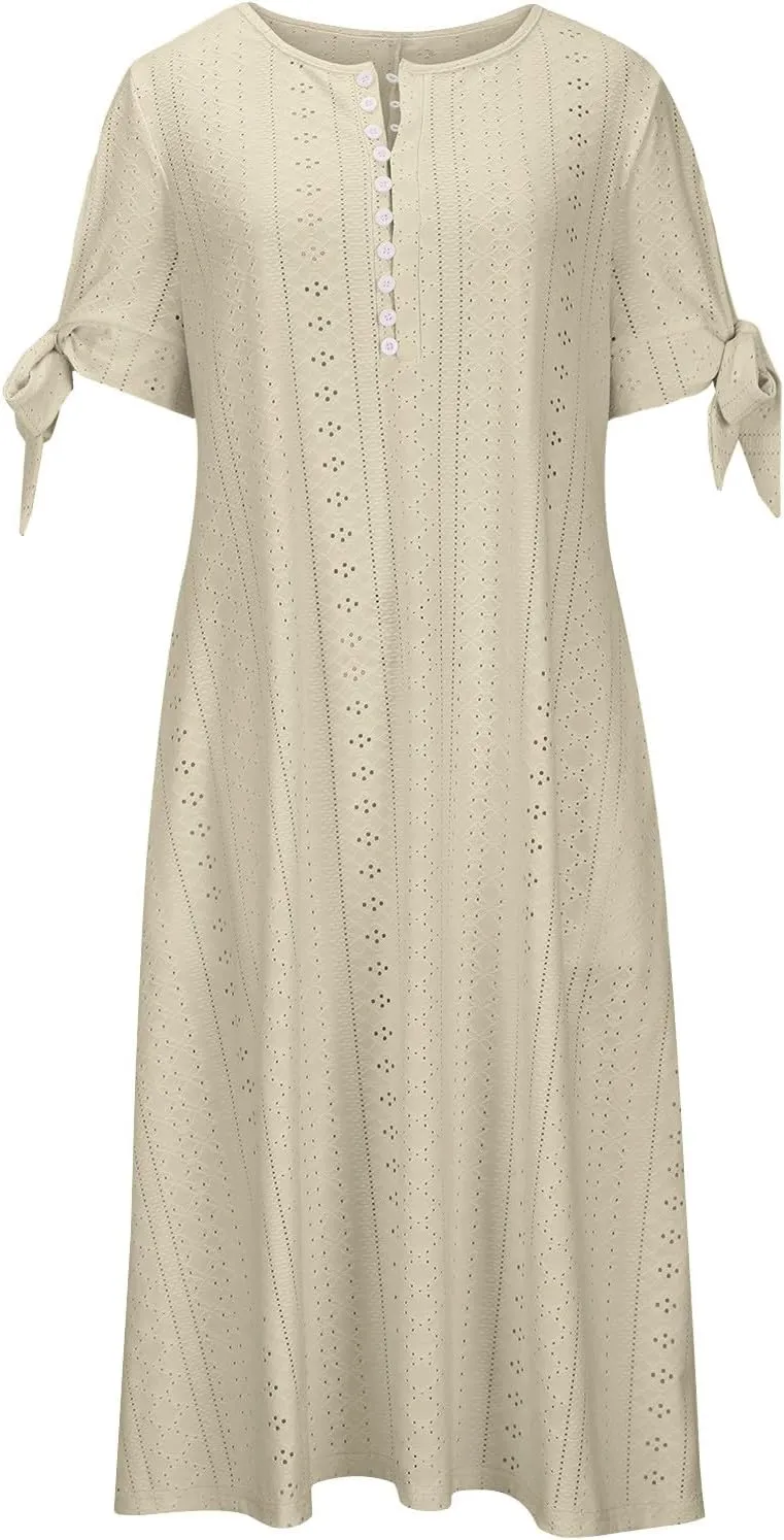 Womens Eyelet Dresses Summer Trendy Casual Beach Vacation Boho Dress Short Sleeve V Neck Flowy Midi Dress with Pocket