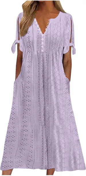 Womens Eyelet Dresses Summer Trendy Casual Beach Vacation Boho Dress Short Sleeve V Neck Flowy Midi Dress with Pocket