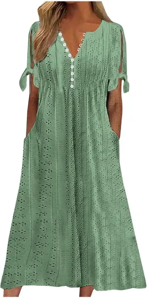 Womens Eyelet Dresses Summer Trendy Casual Beach Vacation Boho Dress Short Sleeve V Neck Flowy Midi Dress with Pocket