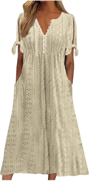 Womens Eyelet Dresses Summer Trendy Casual Beach Vacation Boho Dress Short Sleeve V Neck Flowy Midi Dress with Pocket