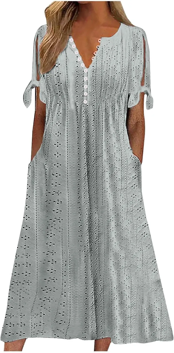 Womens Eyelet Dresses Summer Trendy Casual Beach Vacation Boho Dress Short Sleeve V Neck Flowy Midi Dress with Pocket