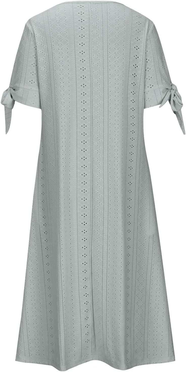 Womens Eyelet Dresses Summer Trendy Casual Beach Vacation Boho Dress Short Sleeve V Neck Flowy Midi Dress with Pocket