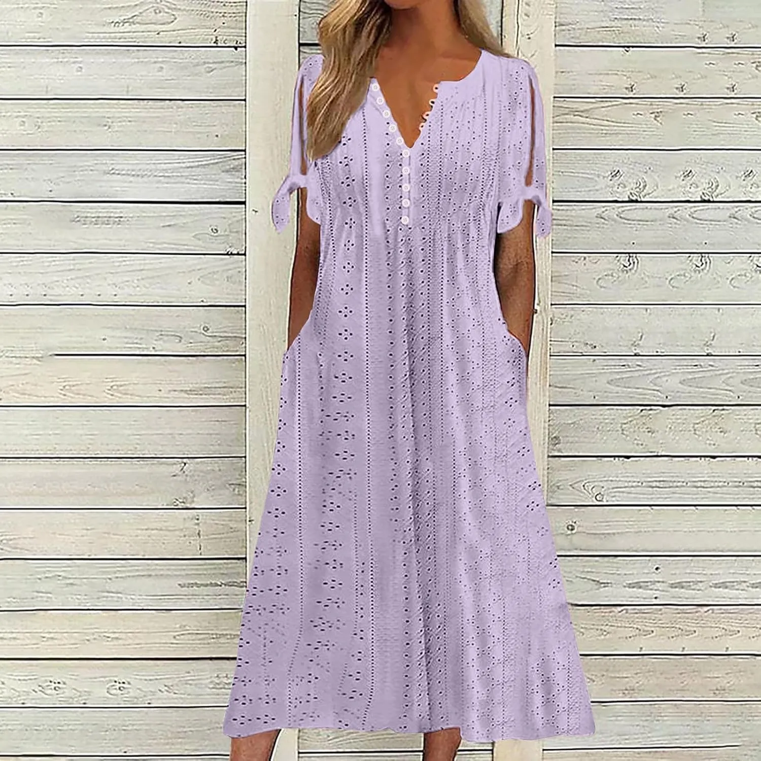 Womens Eyelet Dresses Summer Trendy Casual Beach Vacation Boho Dress Short Sleeve V Neck Flowy Midi Dress with Pocket
