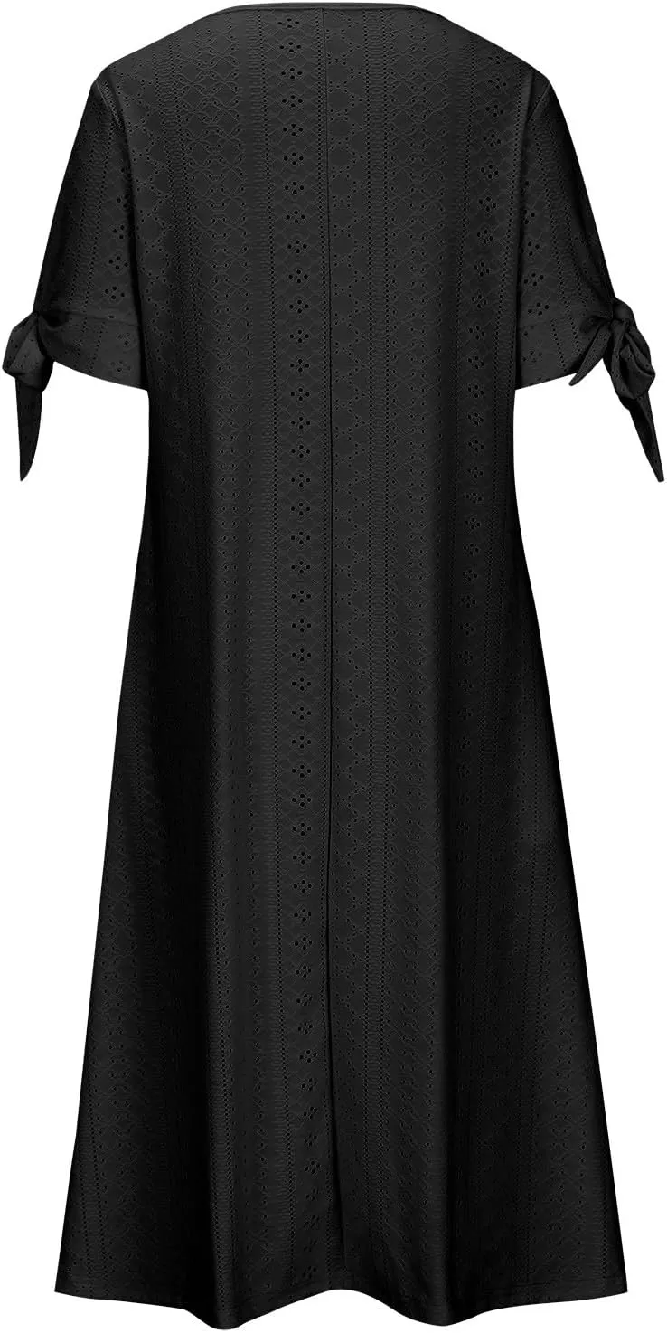 Womens Eyelet Dresses Summer Trendy Casual Beach Vacation Boho Dress Short Sleeve V Neck Flowy Midi Dress with Pocket