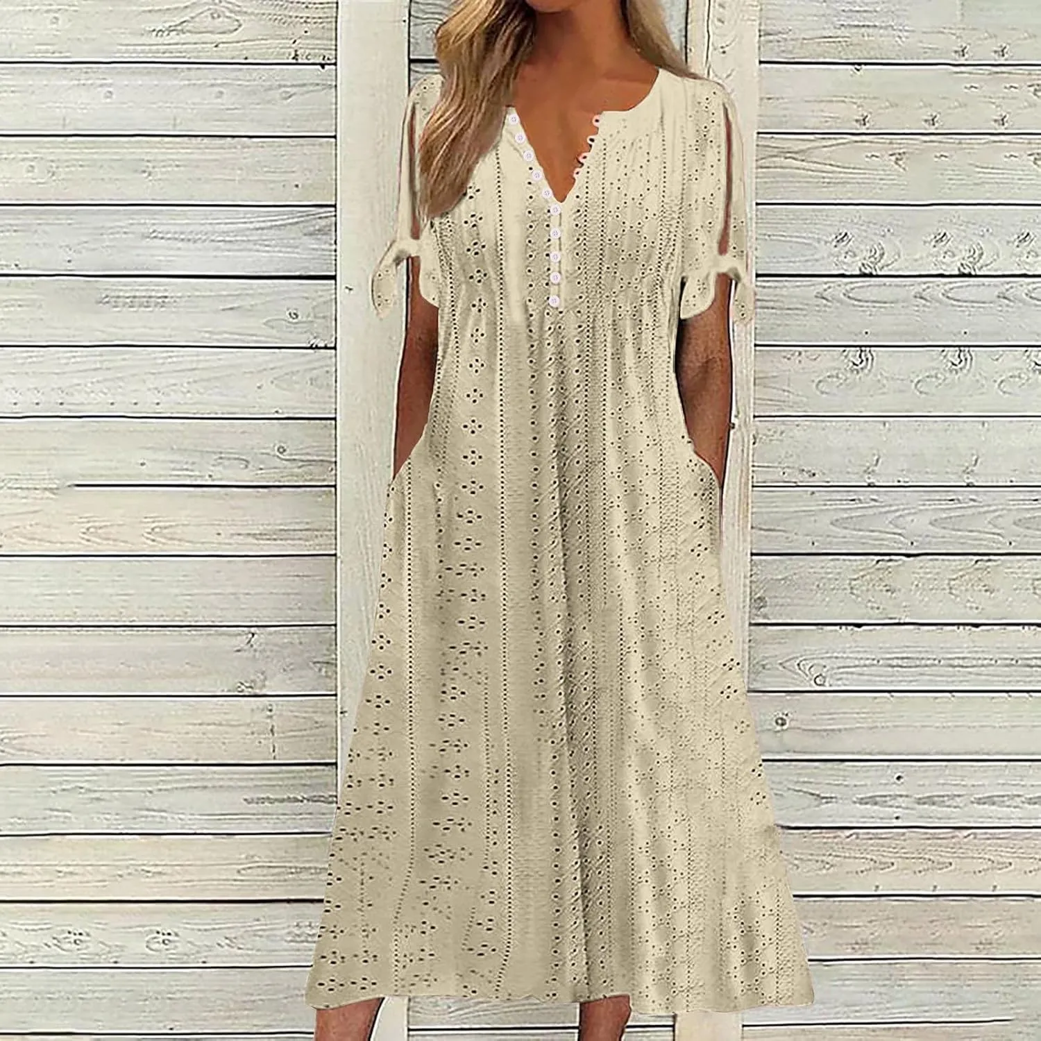 Womens Eyelet Dresses Summer Trendy Casual Beach Vacation Boho Dress Short Sleeve V Neck Flowy Midi Dress with Pocket