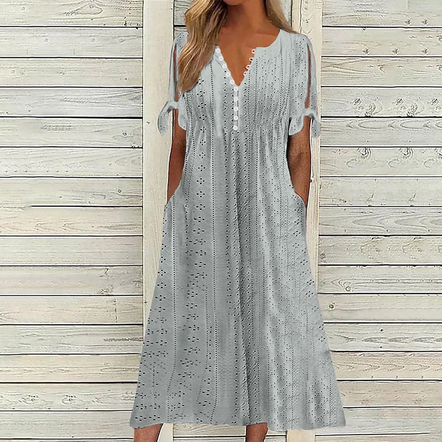 Womens Eyelet Dresses Summer Trendy Casual Beach Vacation Boho Dress Short Sleeve V Neck Flowy Midi Dress with Pocket