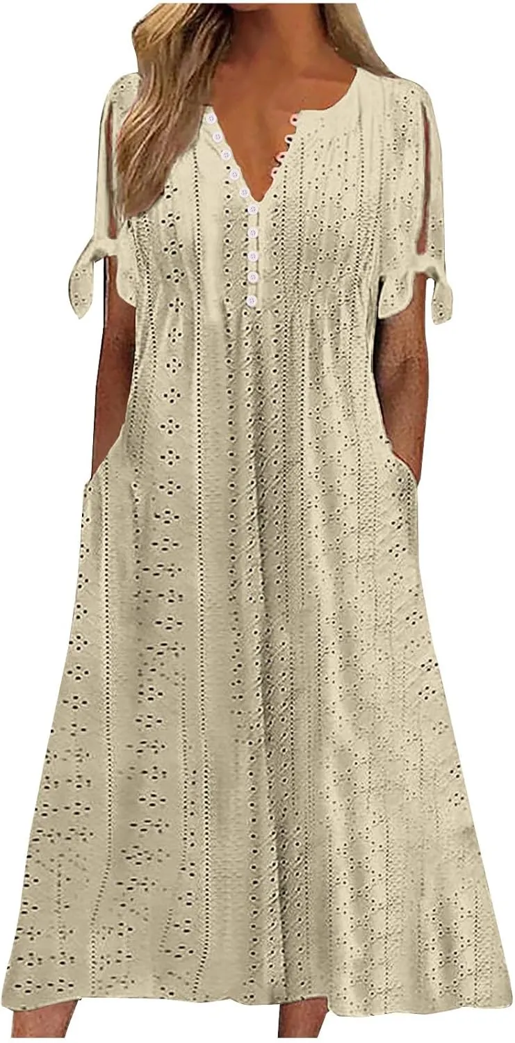 Womens Eyelet Dresses Summer Trendy Casual Beach Vacation Boho Dress Short Sleeve V Neck Flowy Midi Dress with Pocket