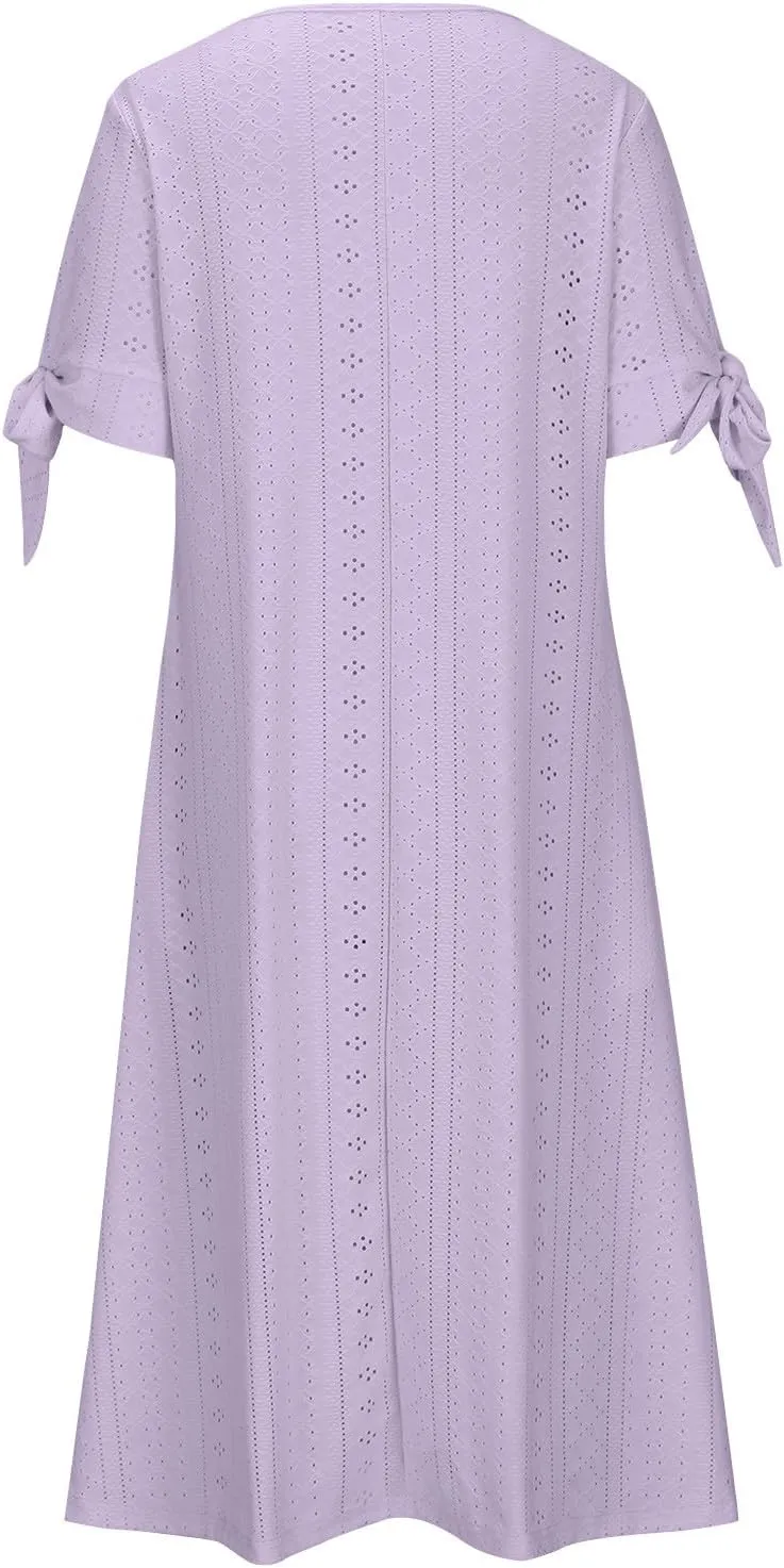 Womens Eyelet Dresses Summer Trendy Casual Beach Vacation Boho Dress Short Sleeve V Neck Flowy Midi Dress with Pocket