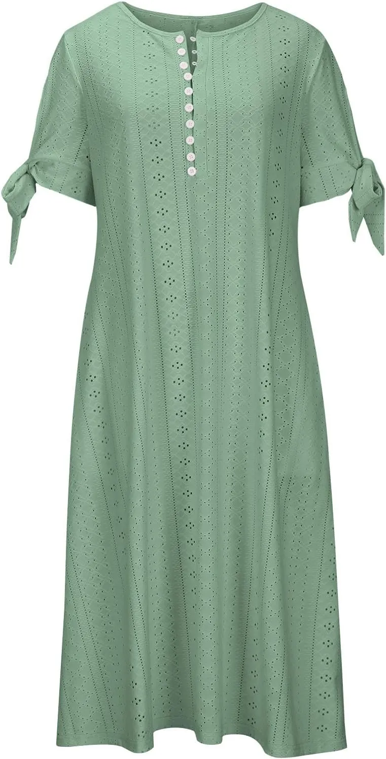 Womens Eyelet Dresses Summer Trendy Casual Beach Vacation Boho Dress Short Sleeve V Neck Flowy Midi Dress with Pocket