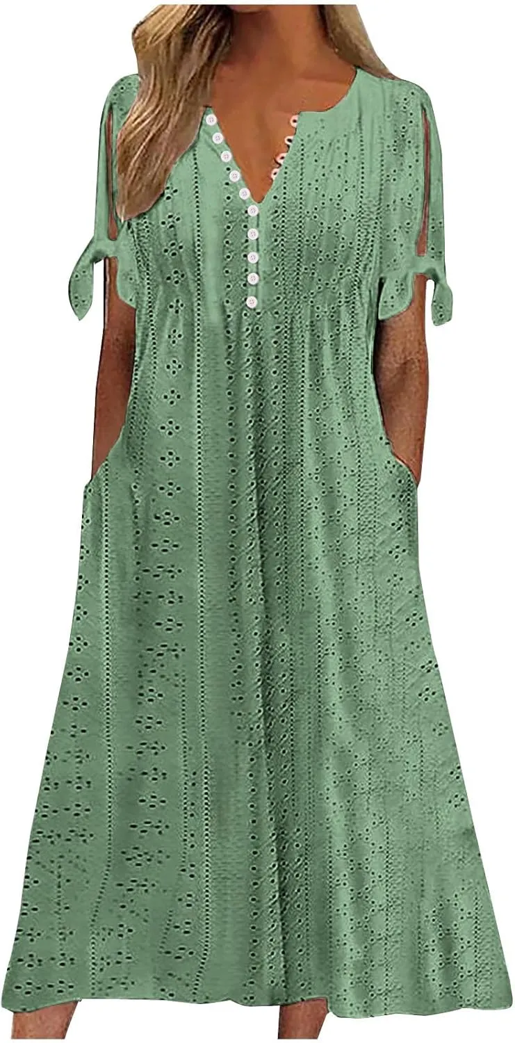 Womens Eyelet Dresses Summer Trendy Casual Beach Vacation Boho Dress Short Sleeve V Neck Flowy Midi Dress with Pocket