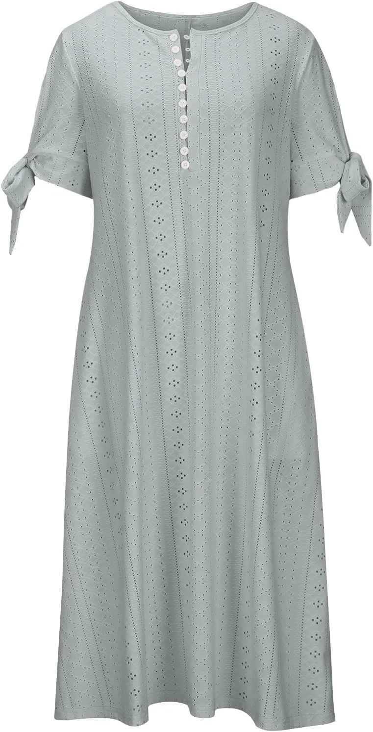 Womens Eyelet Dresses Summer Trendy Casual Beach Vacation Boho Dress Short Sleeve V Neck Flowy Midi Dress with Pocket