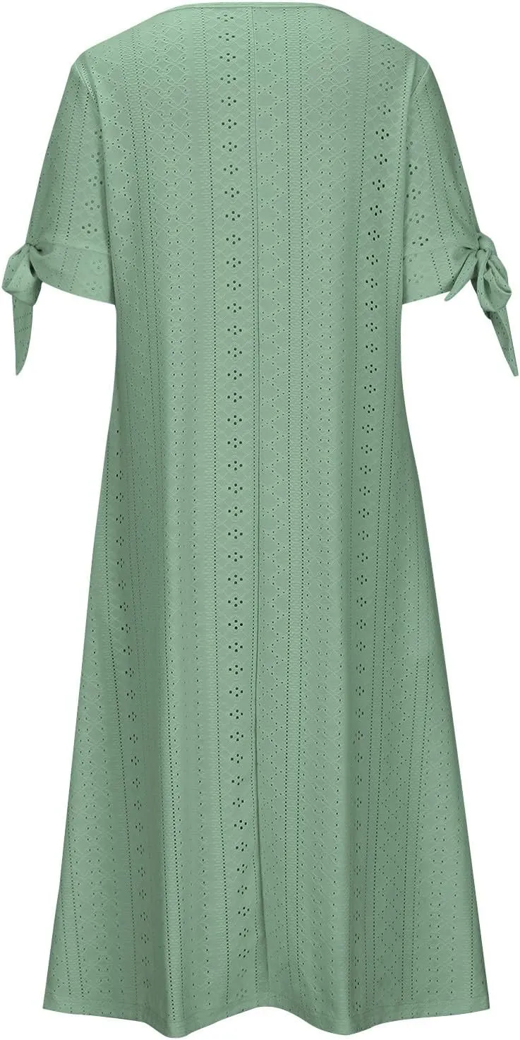 Womens Eyelet Dresses Summer Trendy Casual Beach Vacation Boho Dress Short Sleeve V Neck Flowy Midi Dress with Pocket