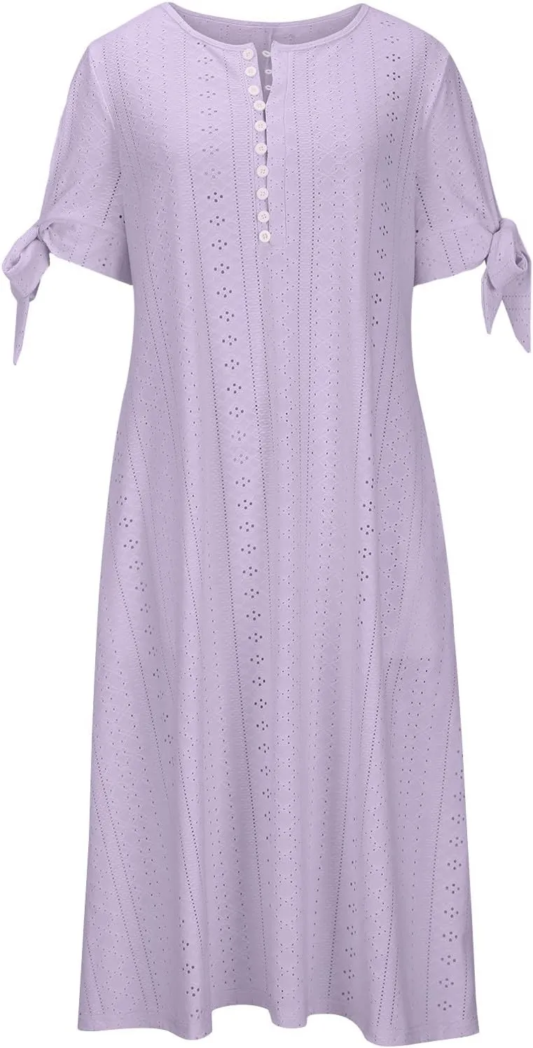 Womens Eyelet Dresses Summer Trendy Casual Beach Vacation Boho Dress Short Sleeve V Neck Flowy Midi Dress with Pocket