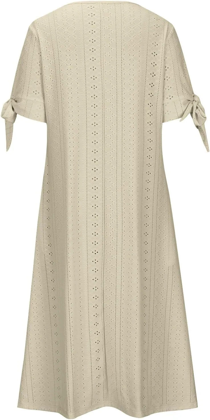 Womens Eyelet Dresses Summer Trendy Casual Beach Vacation Boho Dress Short Sleeve V Neck Flowy Midi Dress with Pocket