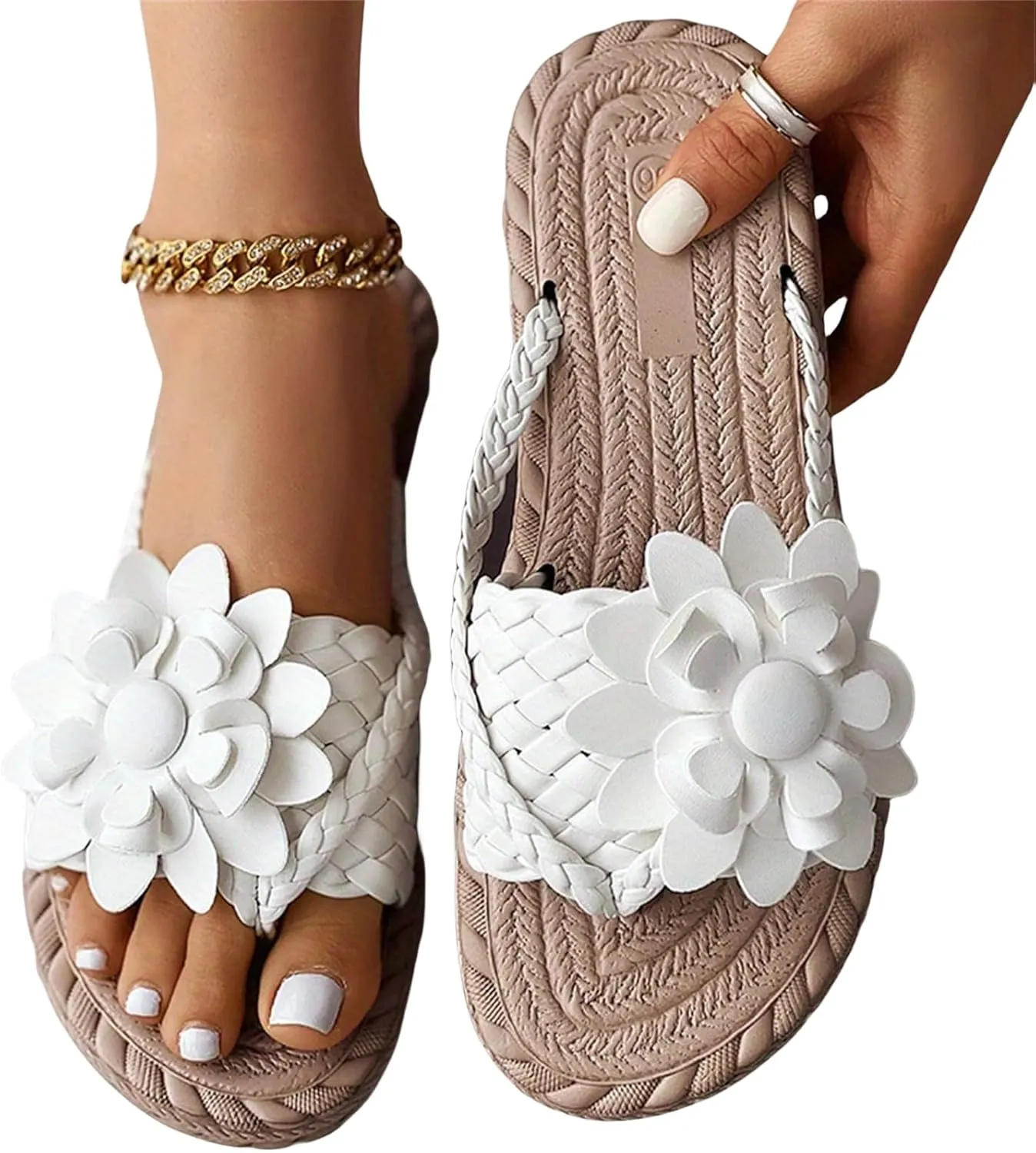 Womens Flat Sandals Flip Flops for Women Flower Braided Slide Sandals Beach Comfortable Slip On Slippers, Espadrille Sole Vacation Outdoor Thong Sandal Comfy Summer Flat Slippers