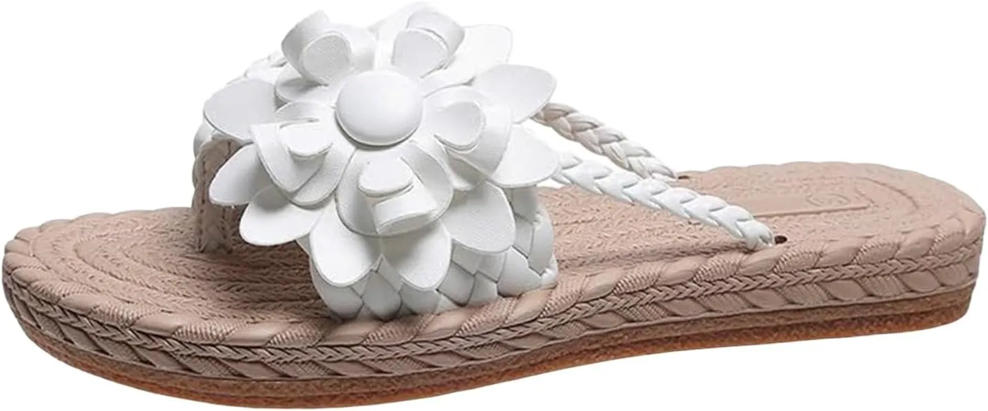 Womens Flat Sandals Flip Flops for Women Flower Braided Slide Sandals Beach Comfortable Slip On Slippers, Espadrille Sole Vacation Outdoor Thong Sandal Comfy Summer Flat Slippers