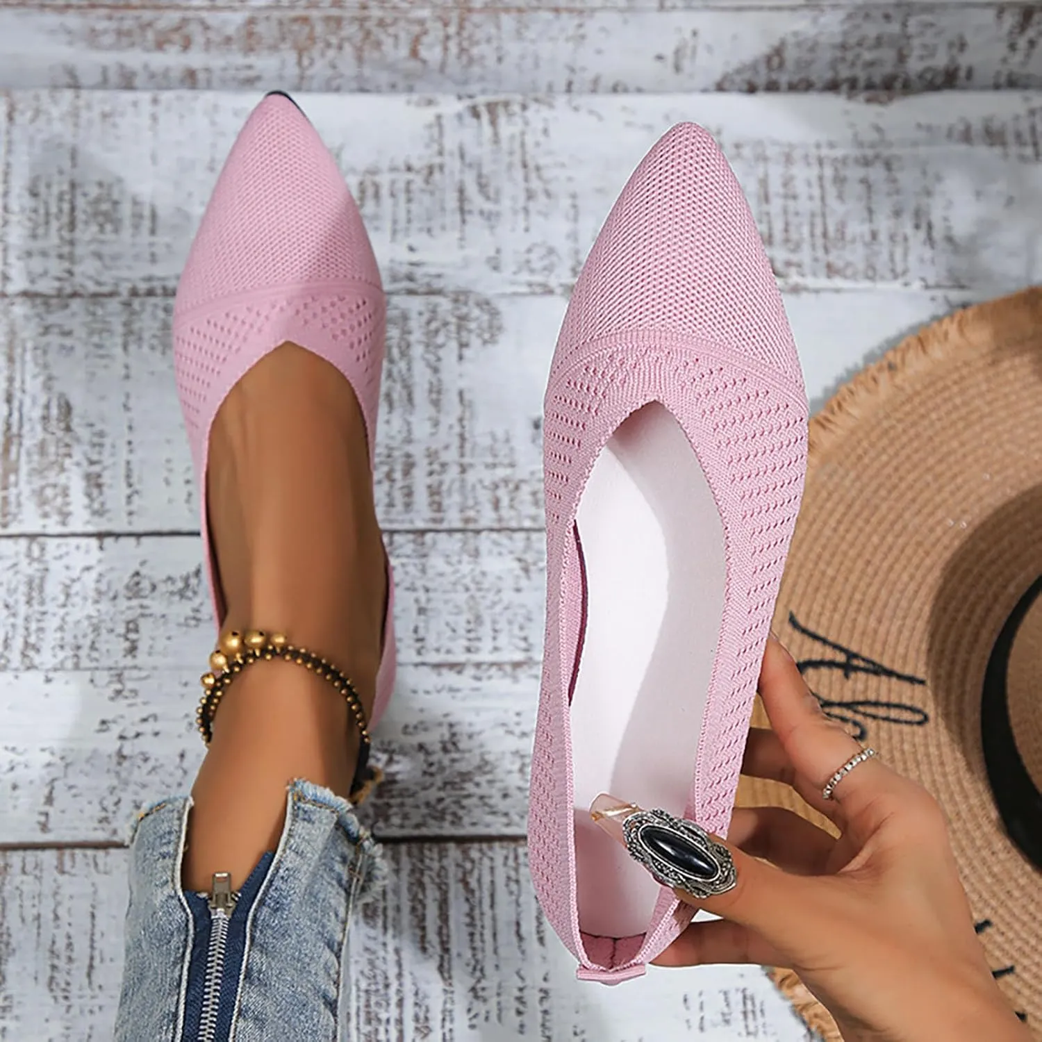 Womens Flat Shoes Knit Ballet Shoes Round Toe Slip on Loafer Casual Business Shoe Comfort Soft Office Flats