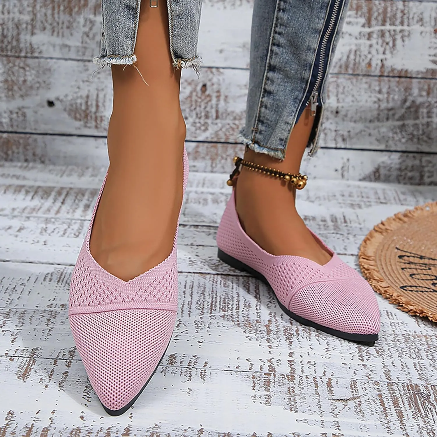 Womens Flat Shoes Knit Ballet Shoes Round Toe Slip on Loafer Casual Business Shoe Comfort Soft Office Flats
