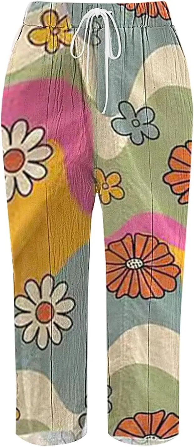 Womens Leggings and Summer Casual Drawstring Pants Casual Slacks Business Pants with Pockets Linen Pants for Women