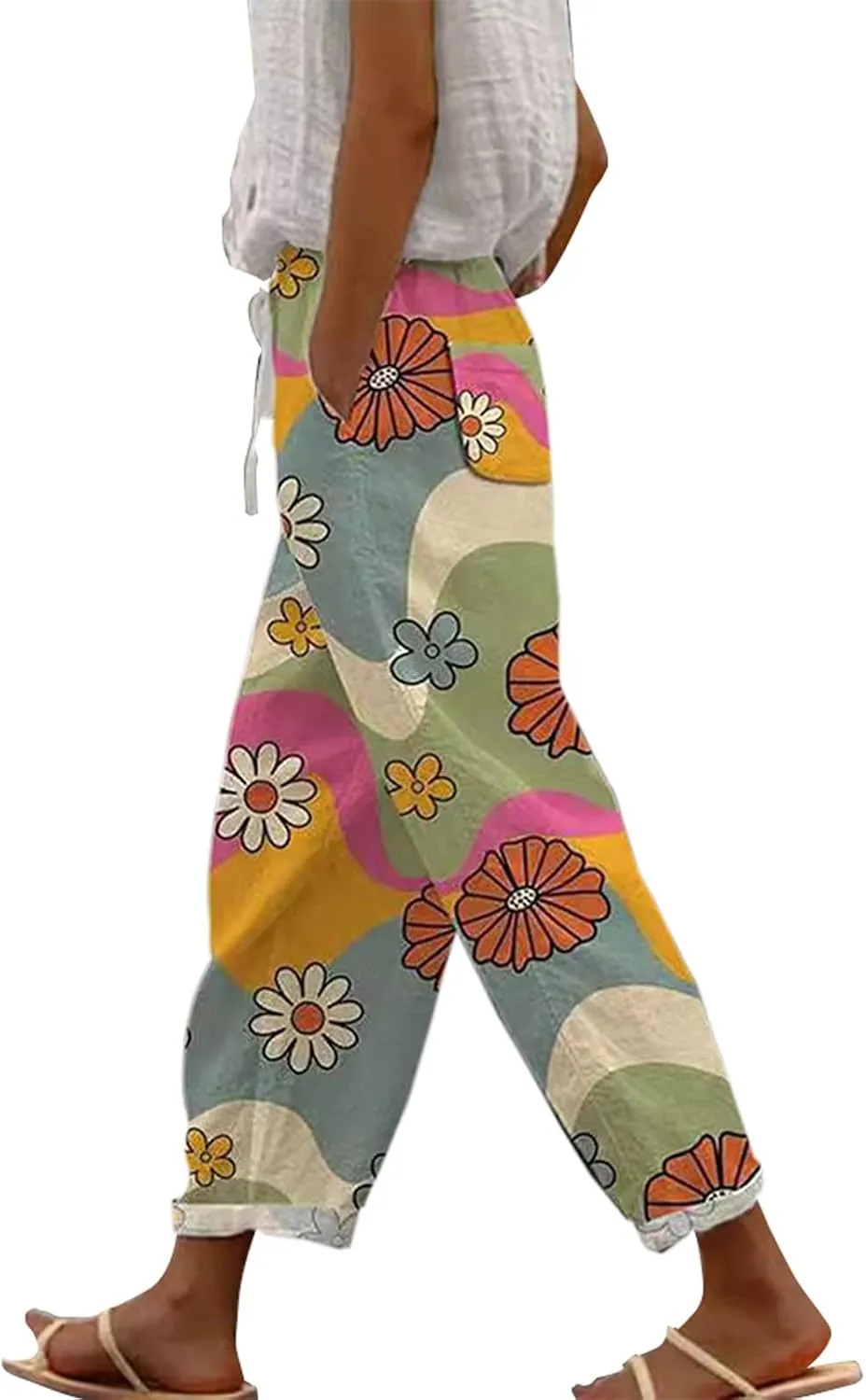 Womens Leggings and Summer Casual Drawstring Pants Casual Slacks Business Pants with Pockets Linen Pants for Women