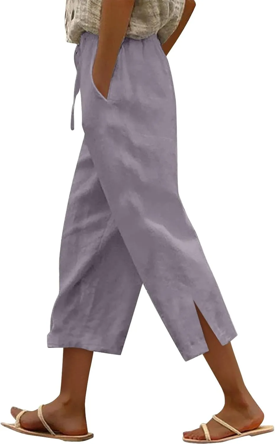 Women's Linen Capri Pants with Drawstring Beach Casual Pants Linen Lightweight Elastic Waist
