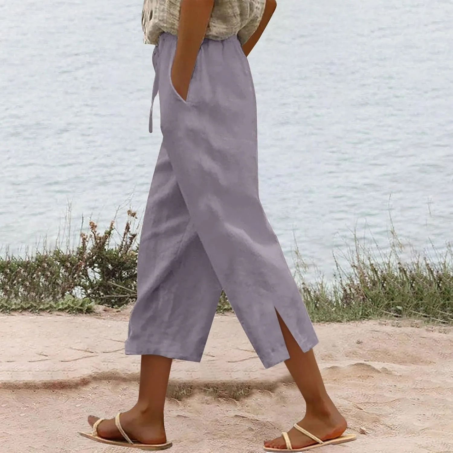 Women's Linen Capri Pants with Drawstring Beach Casual Pants Linen Lightweight Elastic Waist