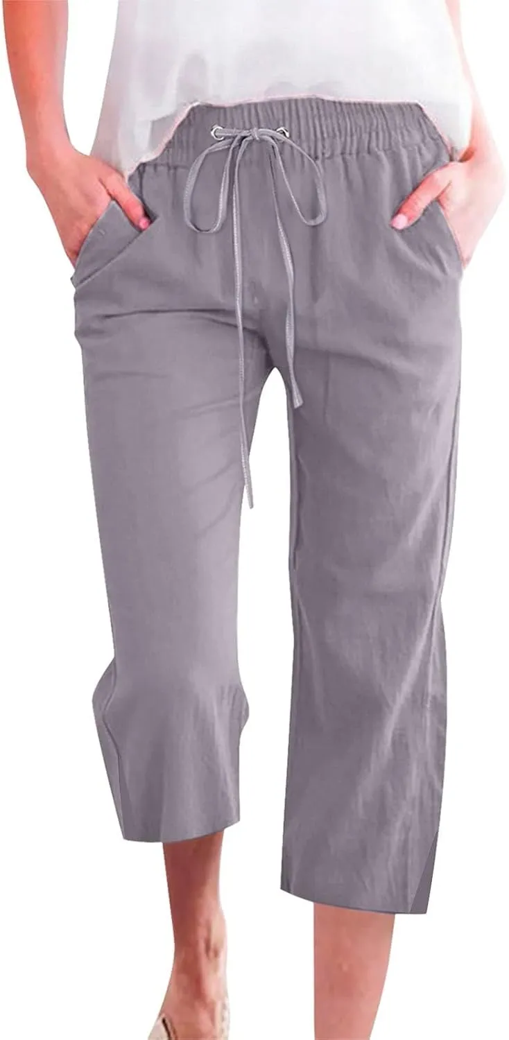 Women's Linen Capri Pants with Drawstring Beach Casual Pants Linen Lightweight Elastic Waist