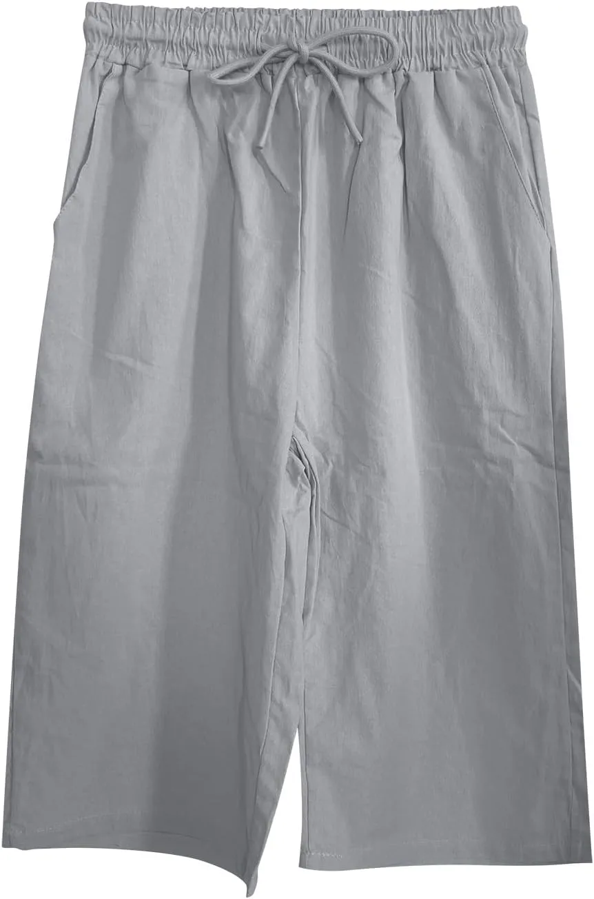 Women's Loose Linen Capris Adjustable Waist Wide Leg Cropped Trousers Beach Holidays Casual Pants with Pockets