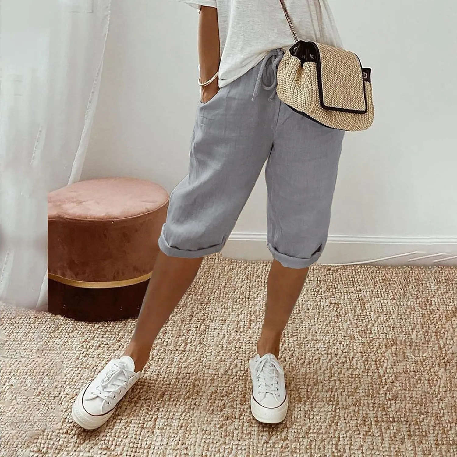 Women's Loose Linen Capris Adjustable Waist Wide Leg Cropped Trousers Beach Holidays Casual Pants with Pockets