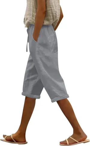 Women's Loose Linen Capris Adjustable Waist Wide Leg Cropped Trousers Beach Holidays Casual Pants with Pockets