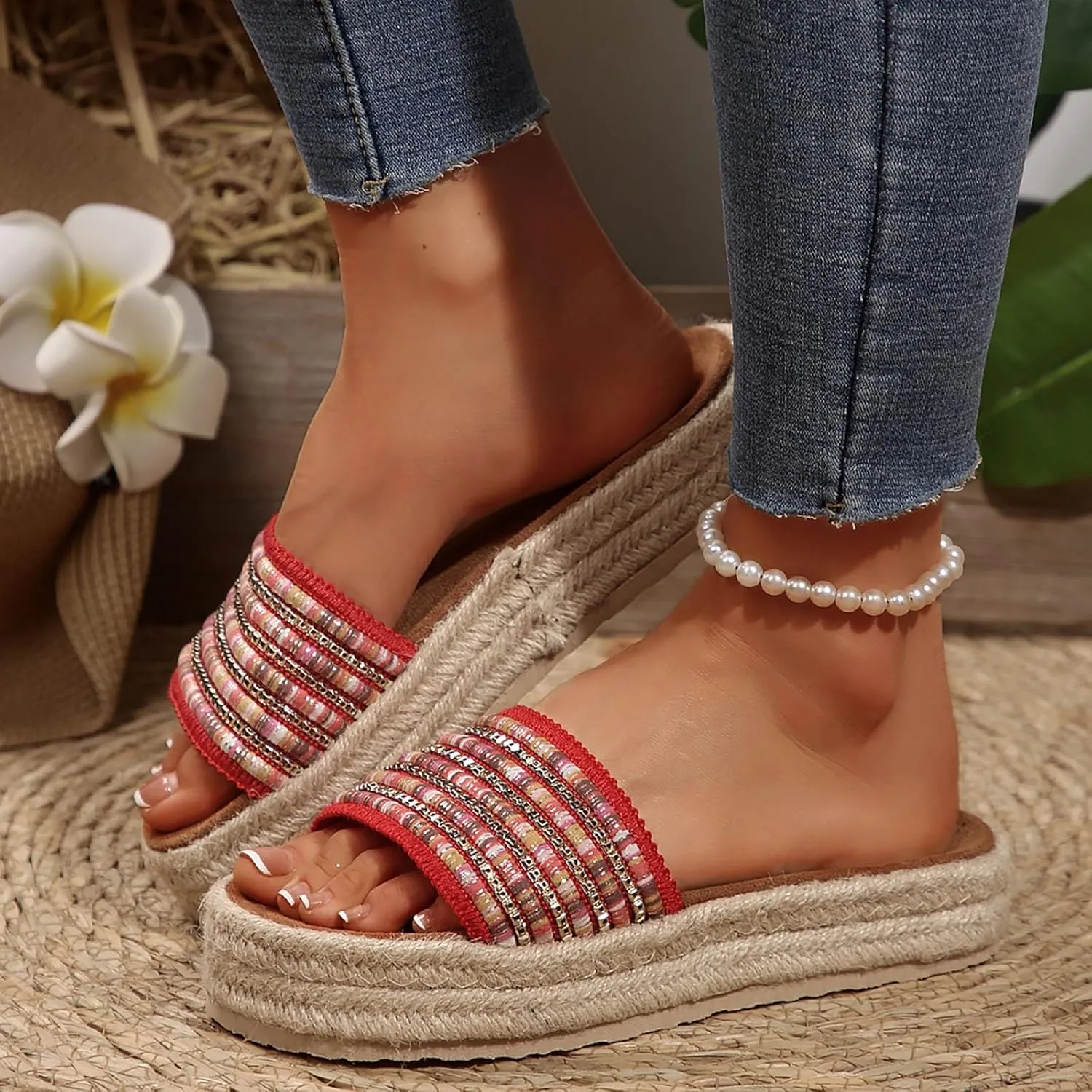 Womens Platform Sandals Comfort Casual Espadrilles Slip On Slippers Wedge Espadrilles Bohemia Open Toe Comfort Non Slip Summer Casual Straw Woven Sandals Platform Slides Shoes