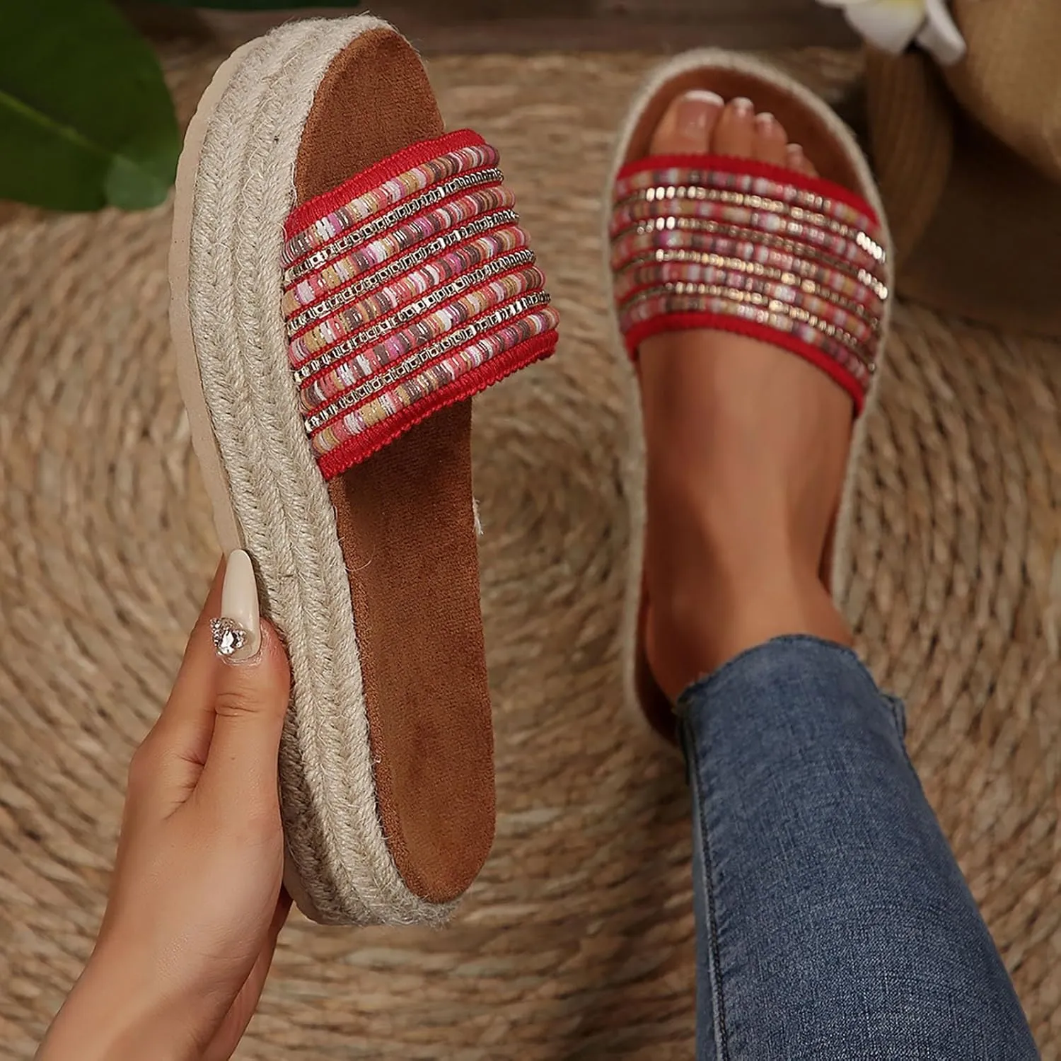 Womens Platform Sandals Comfort Casual Espadrilles Slip On Slippers Wedge Espadrilles Bohemia Open Toe Comfort Non Slip Summer Casual Straw Woven Sandals Platform Slides Shoes