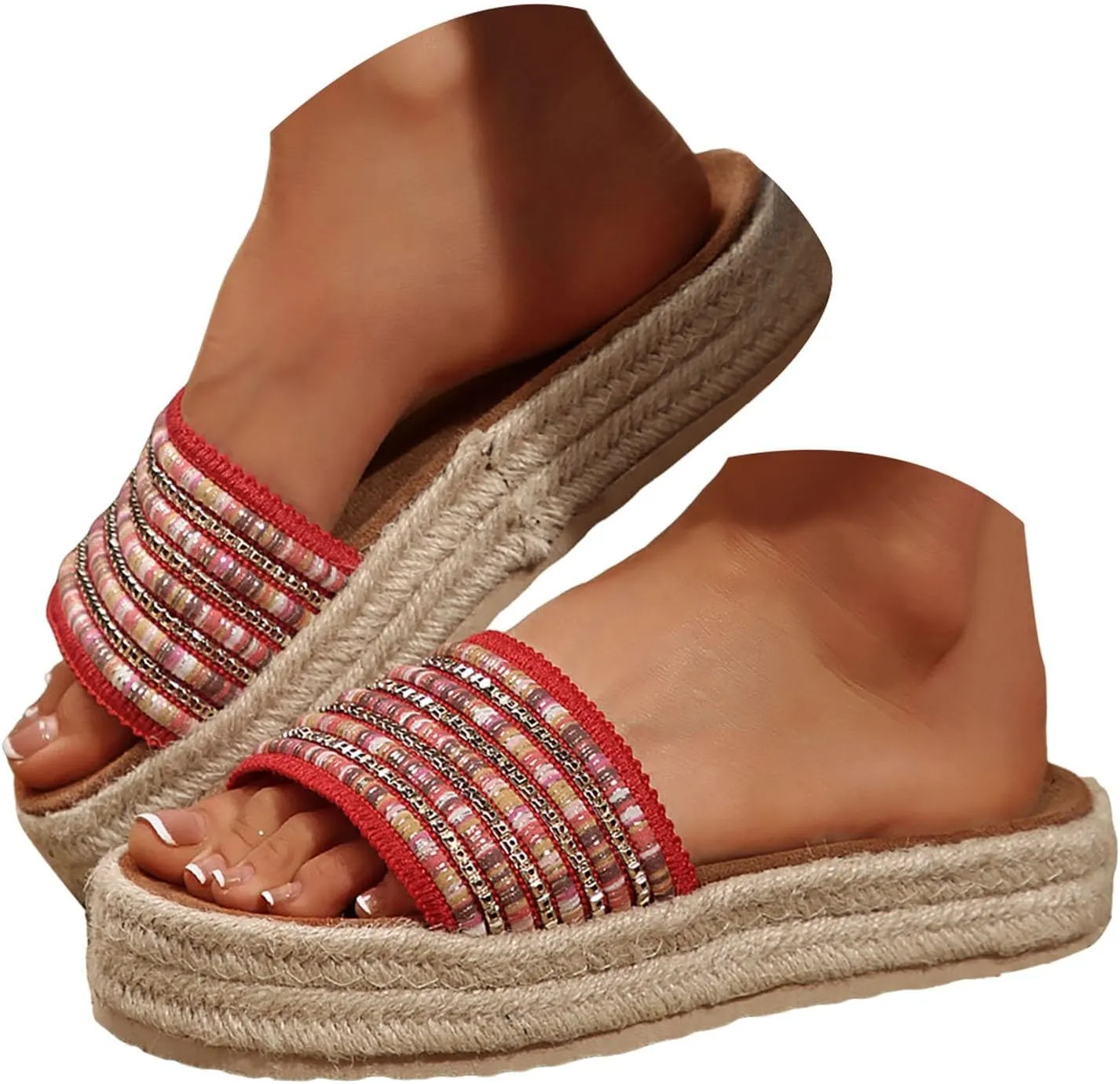 Womens Platform Sandals Comfort Casual Espadrilles Slip On Slippers Wedge Espadrilles Bohemia Open Toe Comfort Non Slip Summer Casual Straw Woven Sandals Platform Slides Shoes