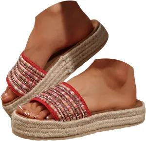 Womens Platform Sandals Comfort Casual Espadrilles Slip On Slippers Wedge Espadrilles Bohemia Open Toe Comfort Non Slip Summer Casual Straw Woven Sandals Platform Slides Shoes