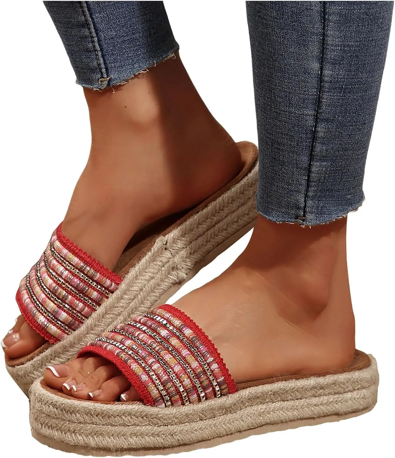 Womens Platform Sandals Comfort Casual Espadrilles Slip On Slippers Wedge Espadrilles Bohemia Open Toe Comfort Non Slip Summer Casual Straw Woven Sandals Platform Slides Shoes