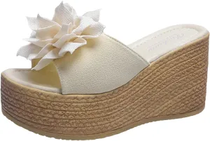 Womens Platform Sandals Espadrille Sandals for Women Flowers Decor Thick Bottom Wedges, Open Toe Slip On Beach Bohemia Sandal Casual Comfortable Walking Shoes