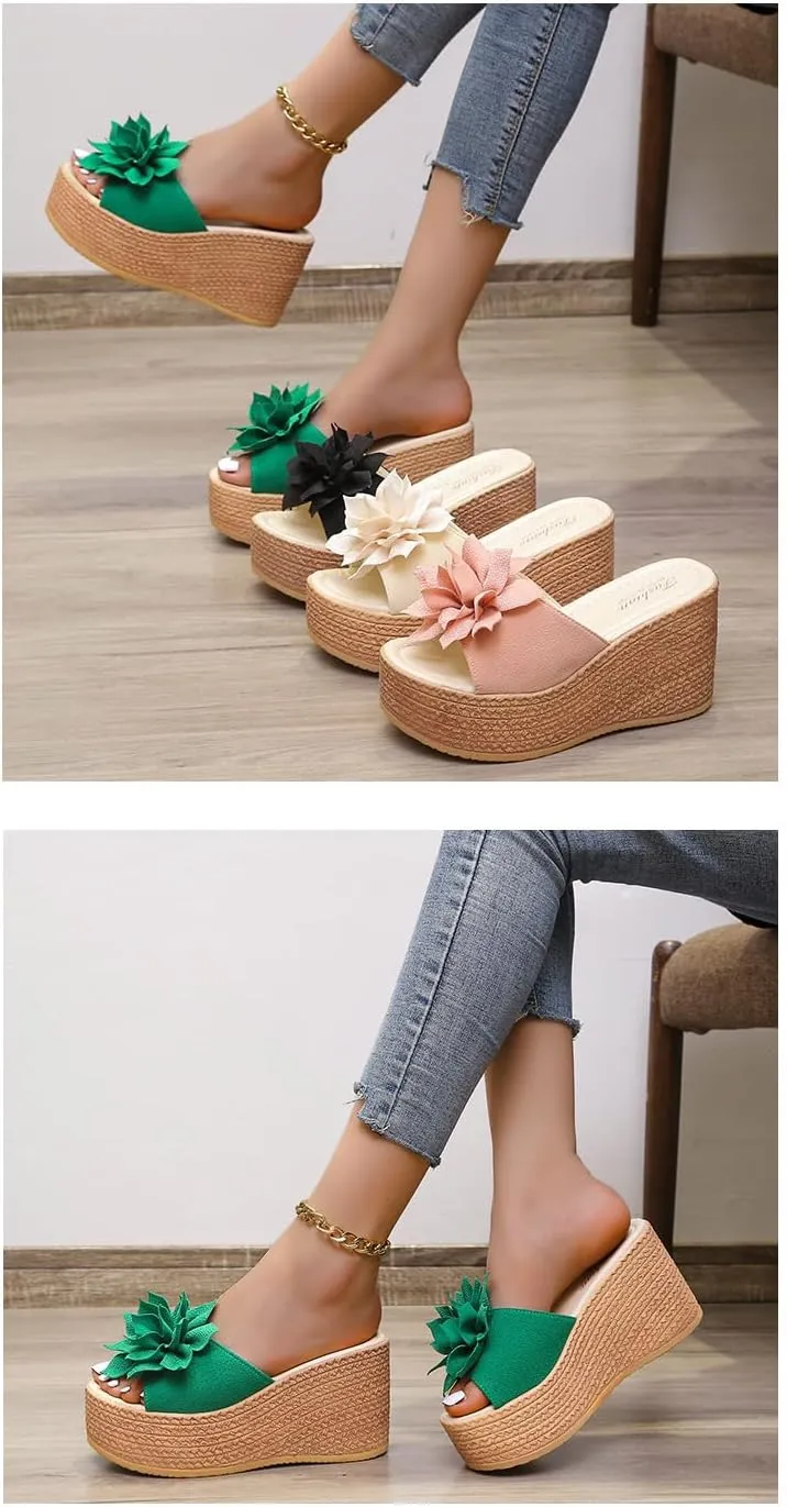 Womens Platform Sandals Espadrille Sandals for Women Flowers Decor Thick Bottom Wedges, Open Toe Slip On Beach Bohemia Sandal Casual Comfortable Walking Shoes