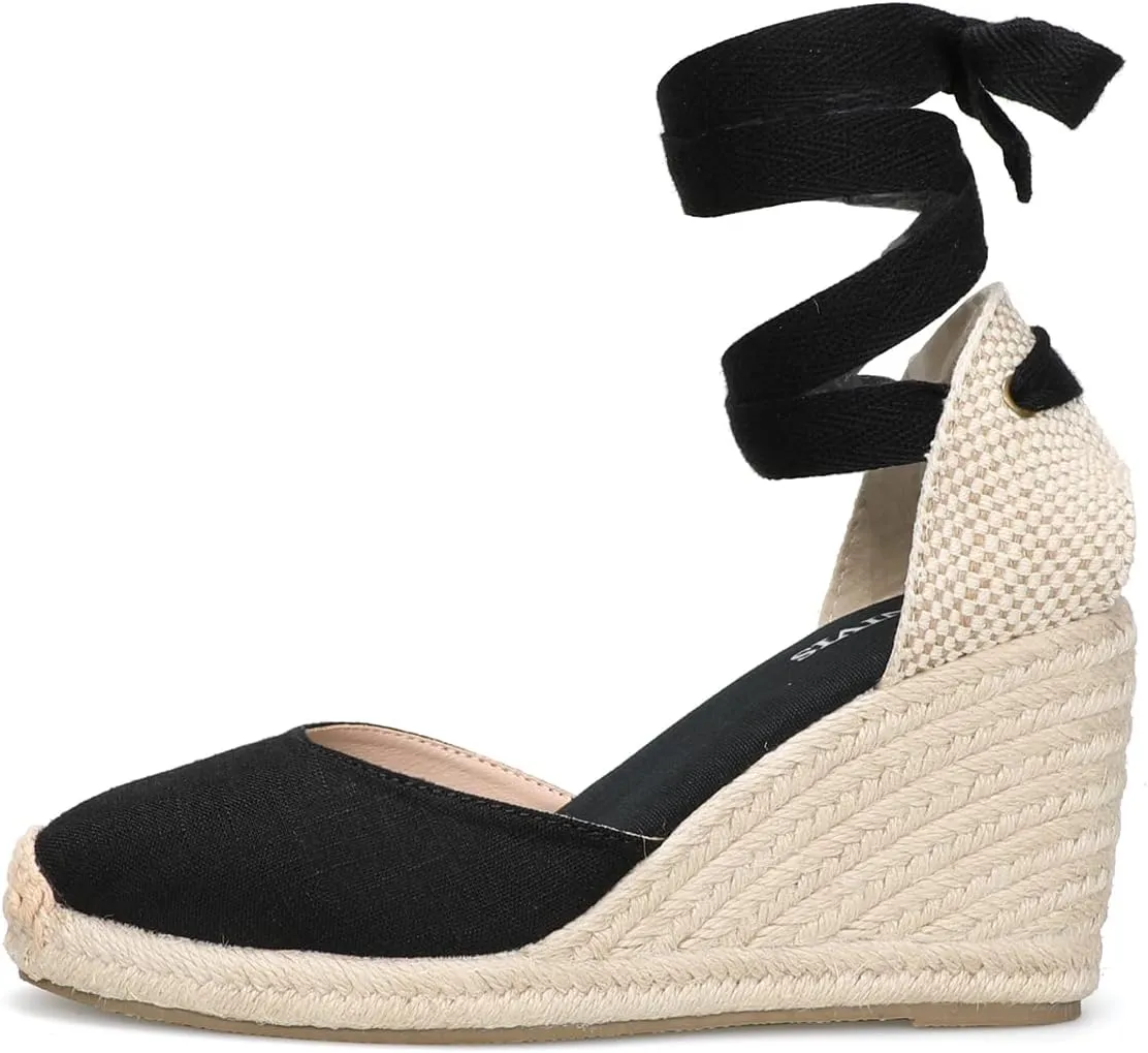 Womens Platform Wedges Espadrilles, 3" Wedge, Soft Ankle-Tie Strap, Closed Toe, Classic Summer Sandals
