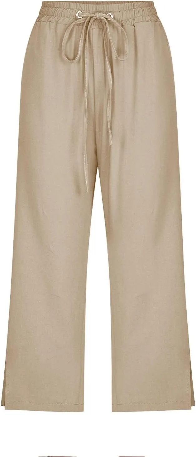 Womens Summer Mix Cotton Linen Palazzo Pants Beach Casual Pants Linen Trousers Beach Vacation