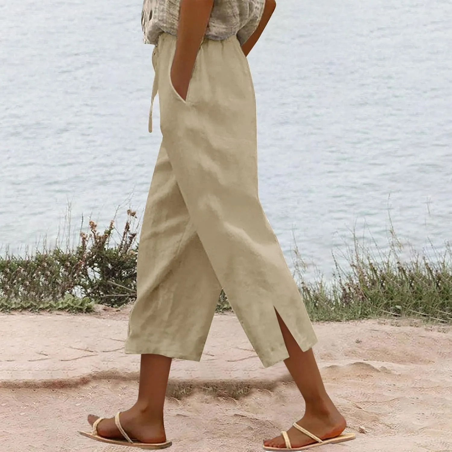 Womens Summer Mix Cotton Linen Palazzo Pants Beach Casual Pants Linen Trousers Beach Vacation