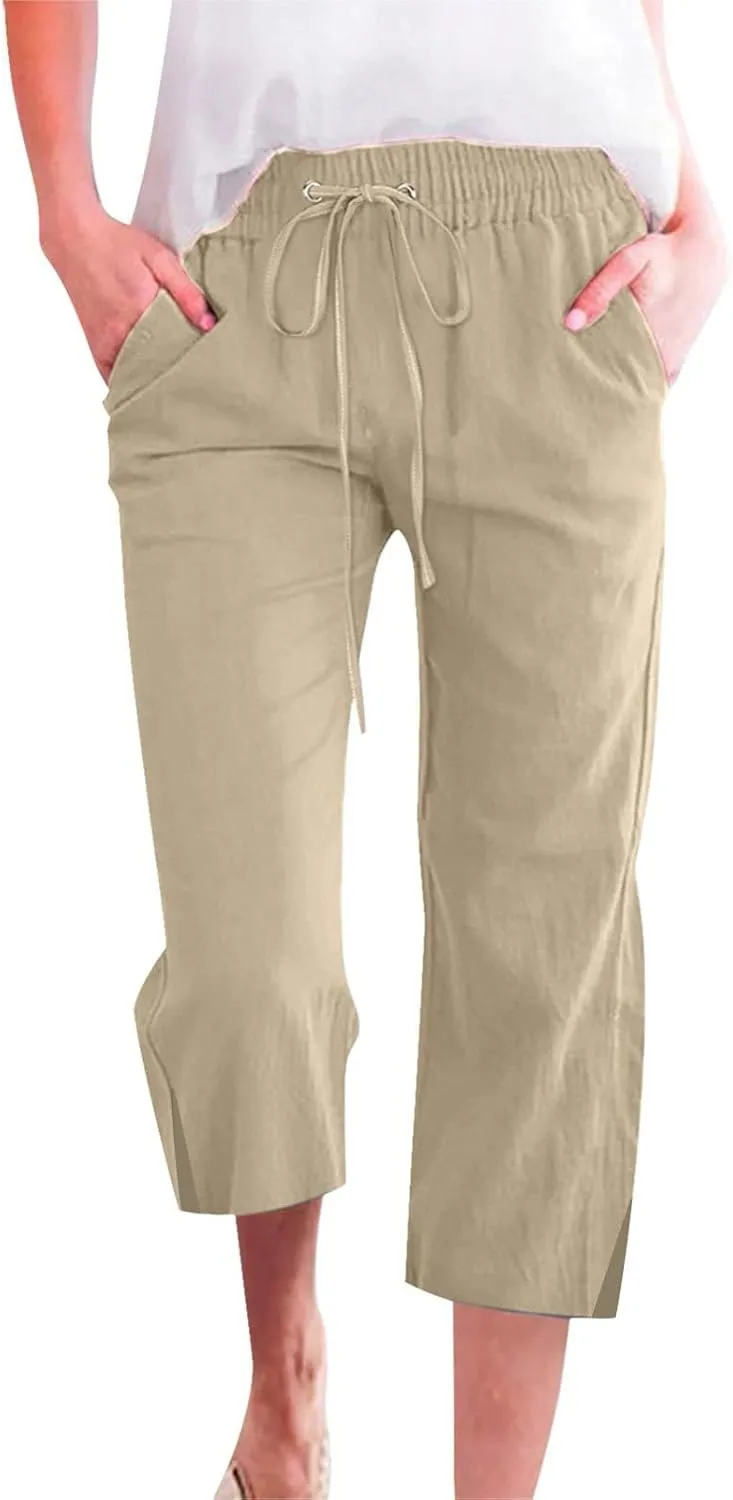 Womens Summer Mix Cotton Linen Palazzo Pants Beach Casual Pants Linen Trousers Beach Vacation